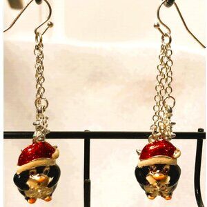 CLOISONNE CHRISTMAS PENGUIN & SNOWFLAKE DANGLE EARRINGS